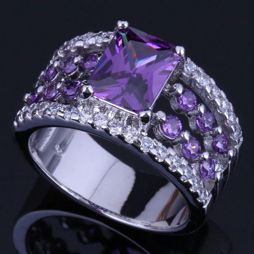 Shining Rectangle Purple Cubic Zirconia White CZ Silver Plated Ring V0456