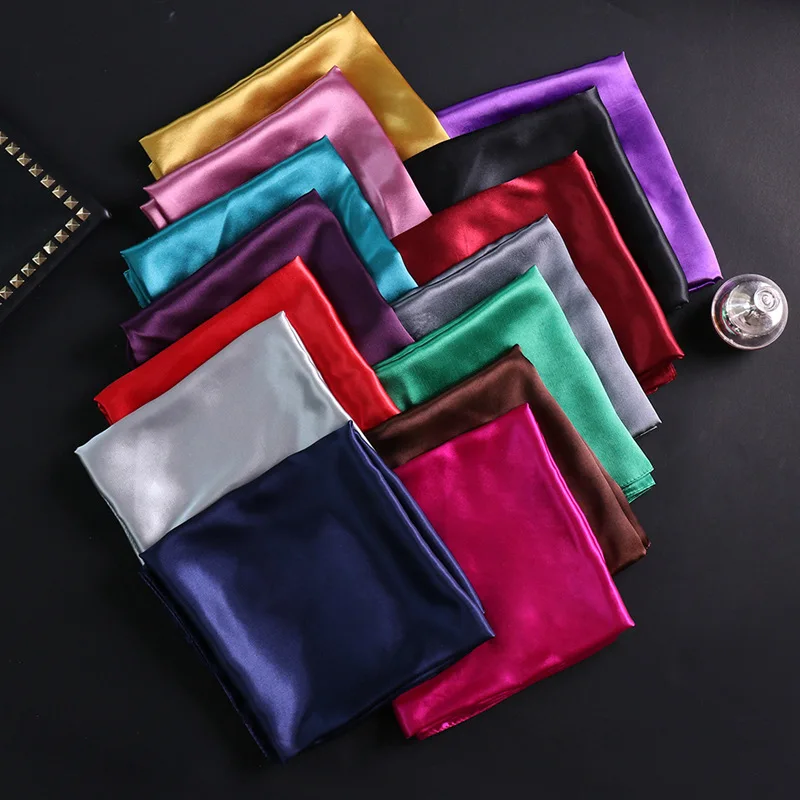 luxury brand silk square scarf for women hair tie band bandana pashmina solid color female foulard muslim hijab stores 90x90cm