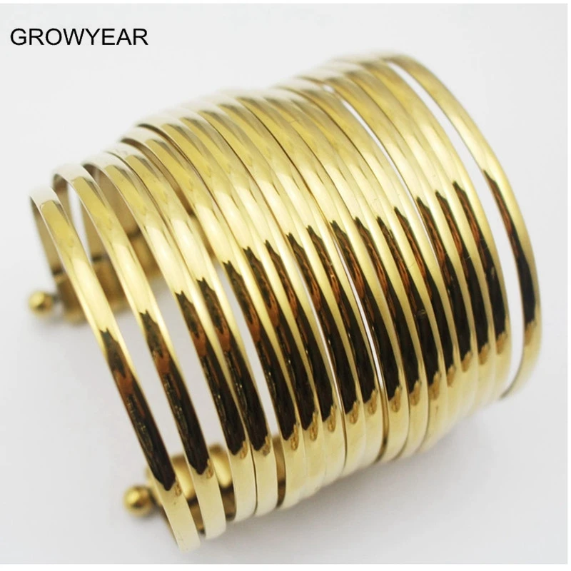 Punk Style Extra Wide Stainless Steel Multilayer Bangle Bracelet Golden Jewelry For Women