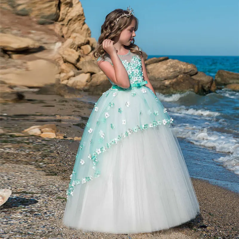 

Elegant Lace Floral Appliques Flower Girls Dress Cute Mint Green Sleeveless Pearls Beaded Kids Pageant Ball Gowns for Communion