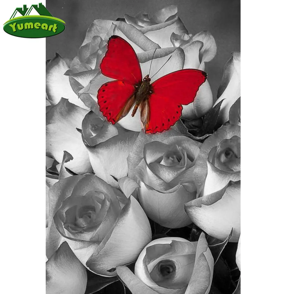 Diy Diamond Painting Black & White Rose Red Butterfly Square Full Gear 5d Diamond Crystal Embroidery Handmade Room Decorative