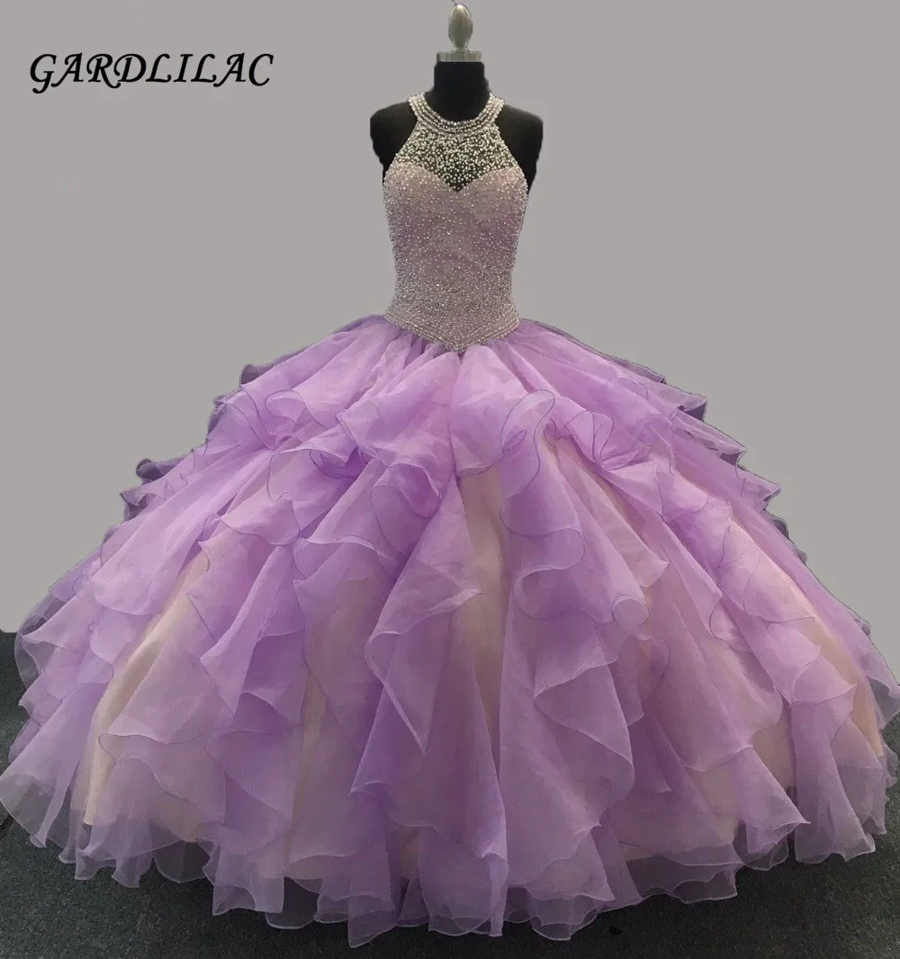 Novo halter lilás quinceanera vestidos de baile strass organza babados doce 16 vestidos longo vestido de baile de 15 anos