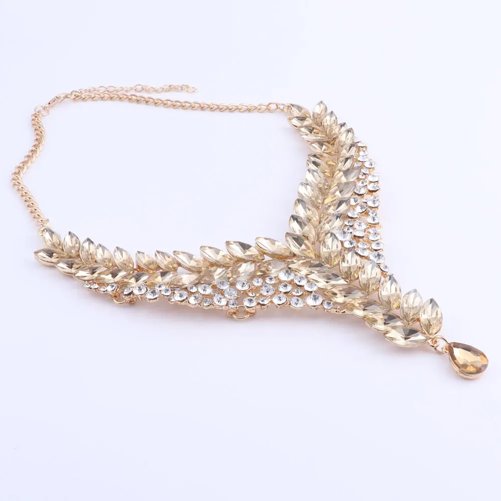 Women Champagne Crystal Wedding Bride Party Costume Accessories Bridal Necklace Earring Jewelry Sets