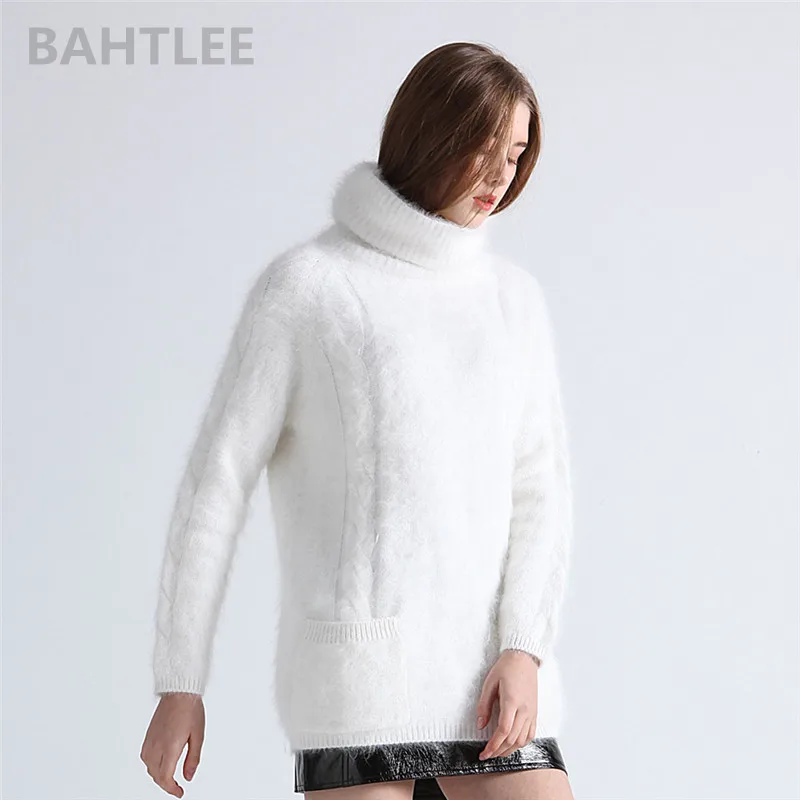 BAHTLEE-Women\'s Mink Cashmere Turtleneck Sweater, Angora Pullovers, Knitting Pockets, Long Sleeves, Keep Warm, Loose, Winter