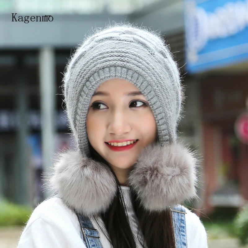 Kagenmo Rabbit Knit Women Winter Hat Outdoor Keep Warm Ear Protection Bomber Hats Casual Cold Autumn Lady Berets