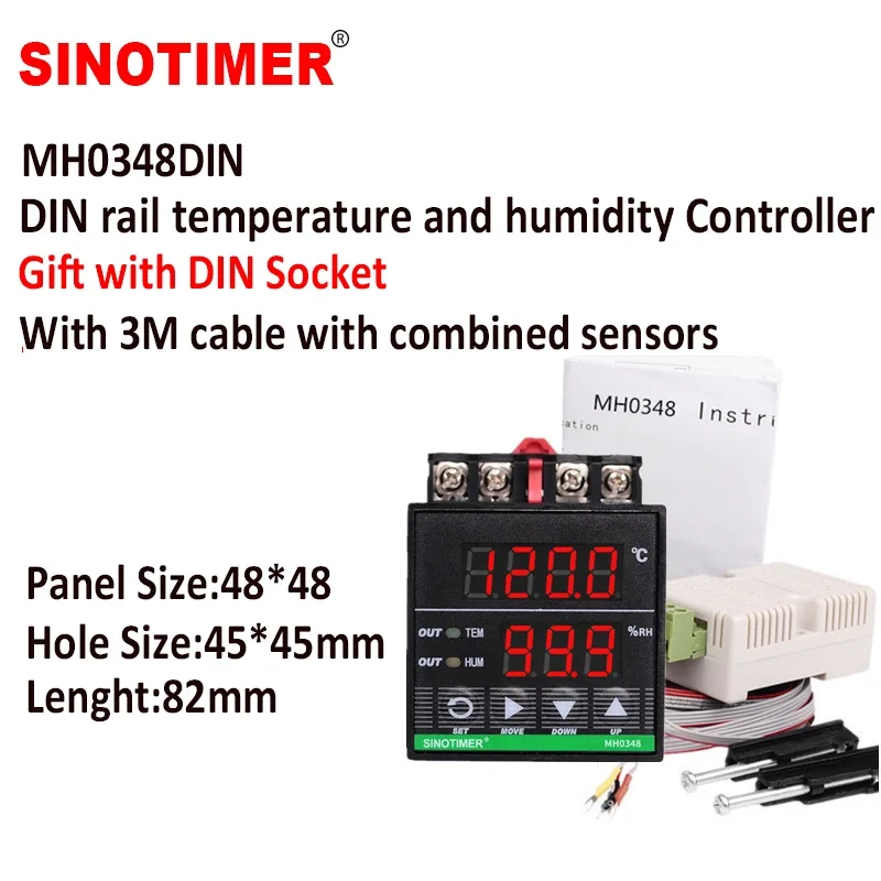 DIN Rail Digital Humidity Controller with 3M UL Listed Cables and Combined Humidity and Temperature Sensor