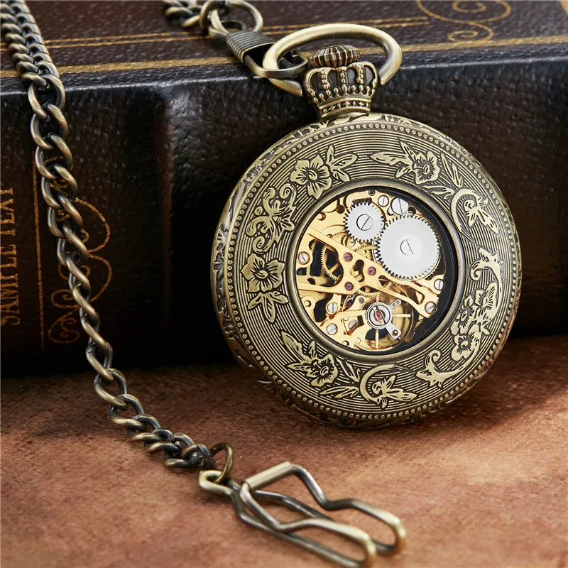 Vintage Mechanical Pocket Watch Hollow Phoenix Bird Roman Skeleton Clock Hand Winding Men Fob Chain Watches Double Case Clock