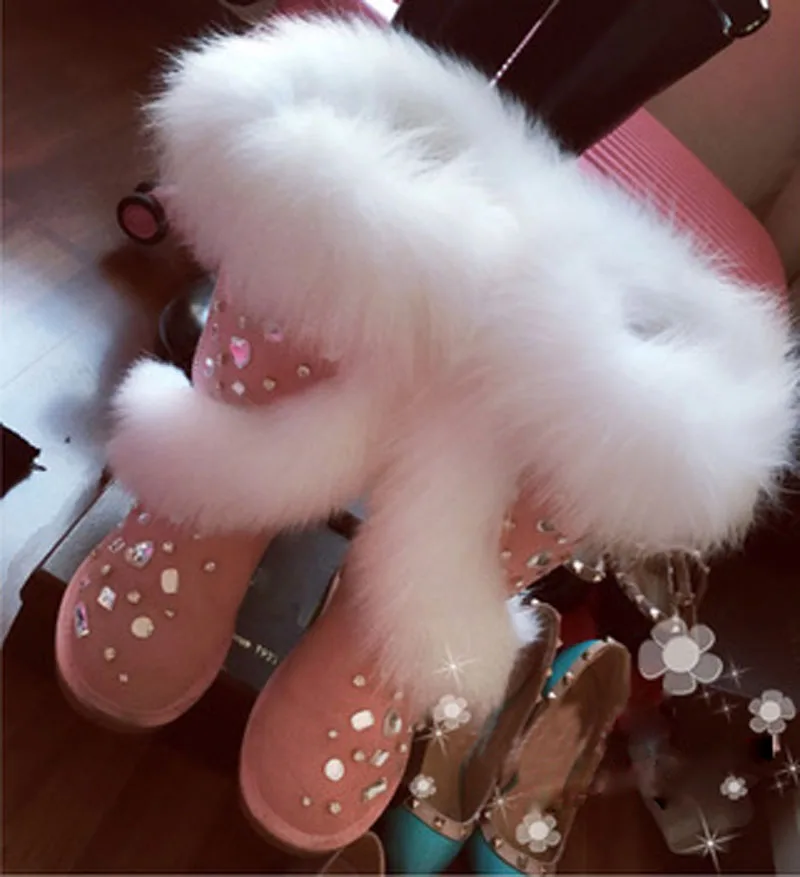 Winter White Fox Fur Embellished Pink Beige Snow Boots Bling Rhinestone toe Flat Heel Women Warm Plush Inside Boots