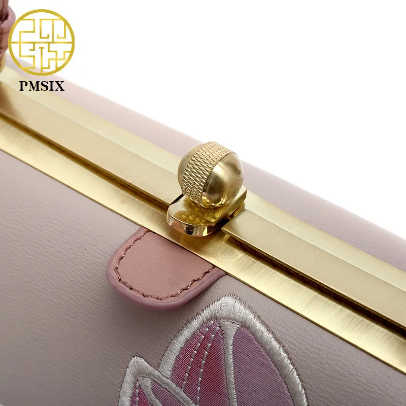 Pmsix Embroidery Lotus Leather Ladies Handbag Frame Designer Chain Shoulder Bag Mini Elegant Women Crossbody Bags 2021