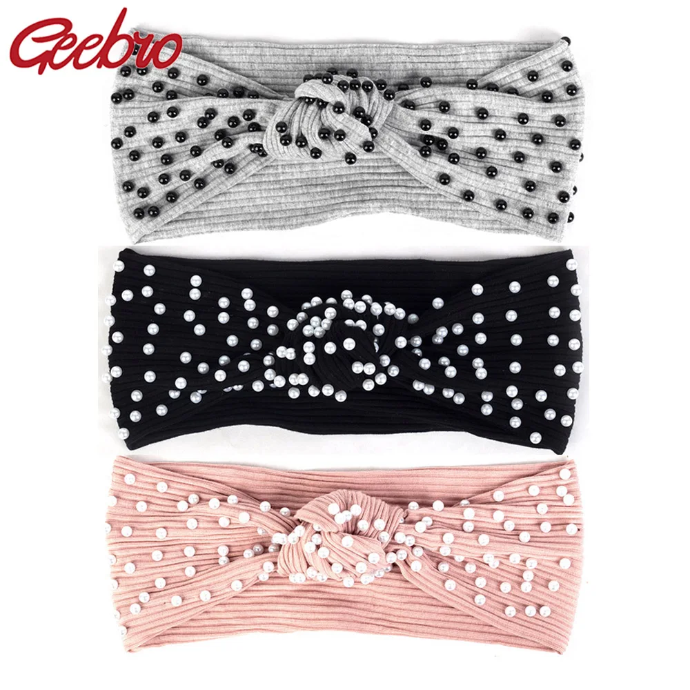 

Geebro Woman Summer Solid Rhinestones Ribbed Headbands For Ladies Soft Stretch Cotton Head Wrap Turban Hair bands Accessories