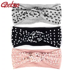 Geebro Woman Summer Solid Rhinestones Ribbed Headbands For Ladies Soft Stretch Cotton Head Wrap Turban Hair bands Accessories