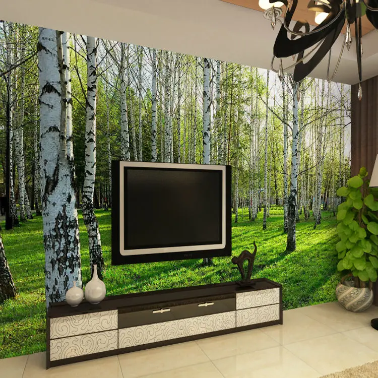 

Custom 3D Three-dimensional Mural Wallpaper Living Room Bedroom Sofa TV Background Wallpaper Green Birch Forest Photo Wallpaper