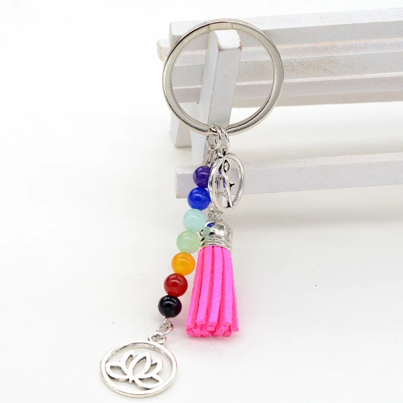 7 Chakras Natural Energy Stone Lotus Flower Yogi Keychain Women Yoga Fitness Aum Key Chain Tassel Trinket On Bags Jewelry Gift