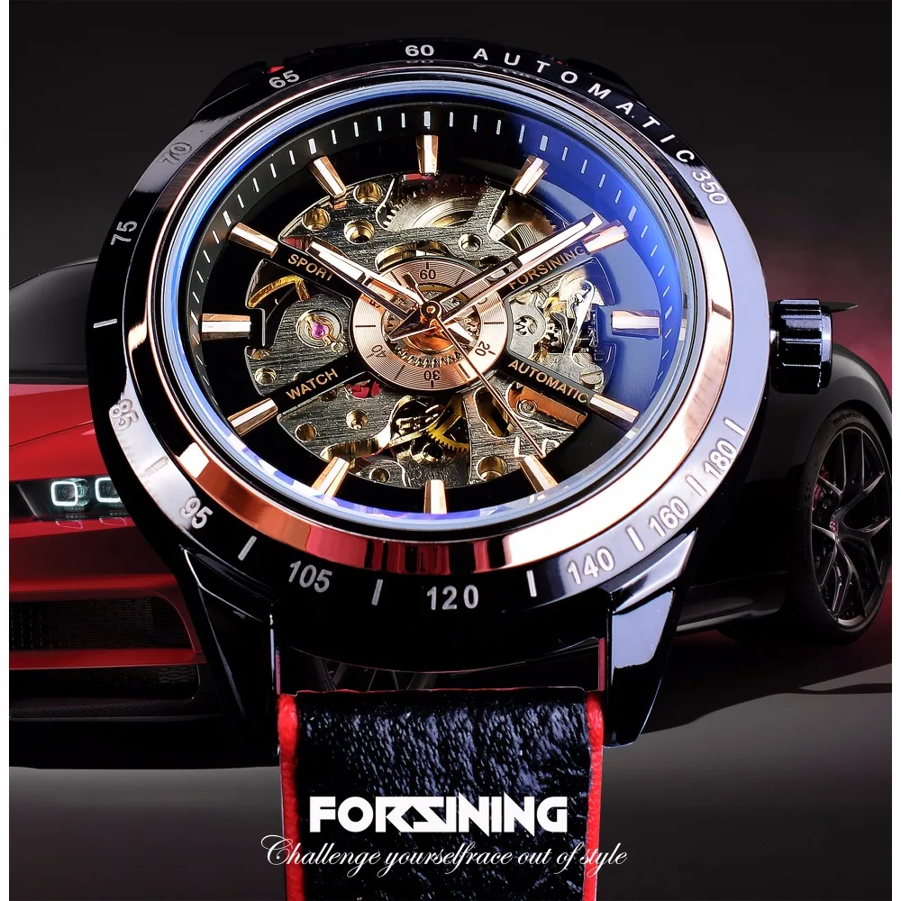 Forsining Watch + Bracelet Set Combination Motorcycle Transparent Genuine Red Black Strap Skeleton Male Automatic Watches Clock