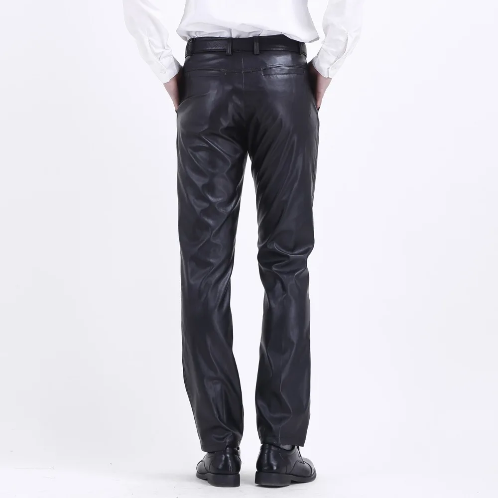 Thoshine Brand Men Leather Pants Working Elastic Lightweight Smart Casual PU Leather Trousers Thin Motor Pants Plus Size