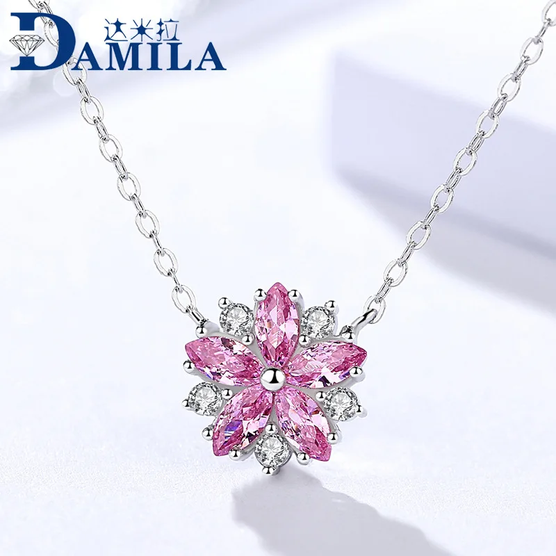 

Pink flowers 925 Sterling Silver pendant necklace For Women Floral cubic zirconia Pendants with S925 silver necklaces