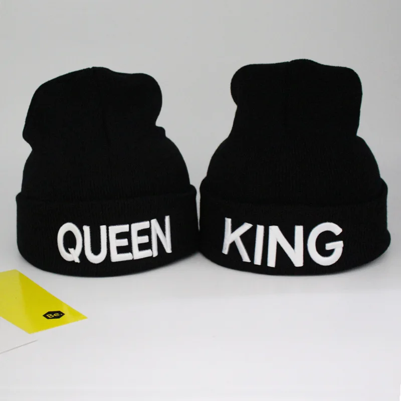 HUE010 Women Winter Cheap Adult letters Embroidery Knitted Hat Autumn Black King Queen Solid Curled Beanies Skullies