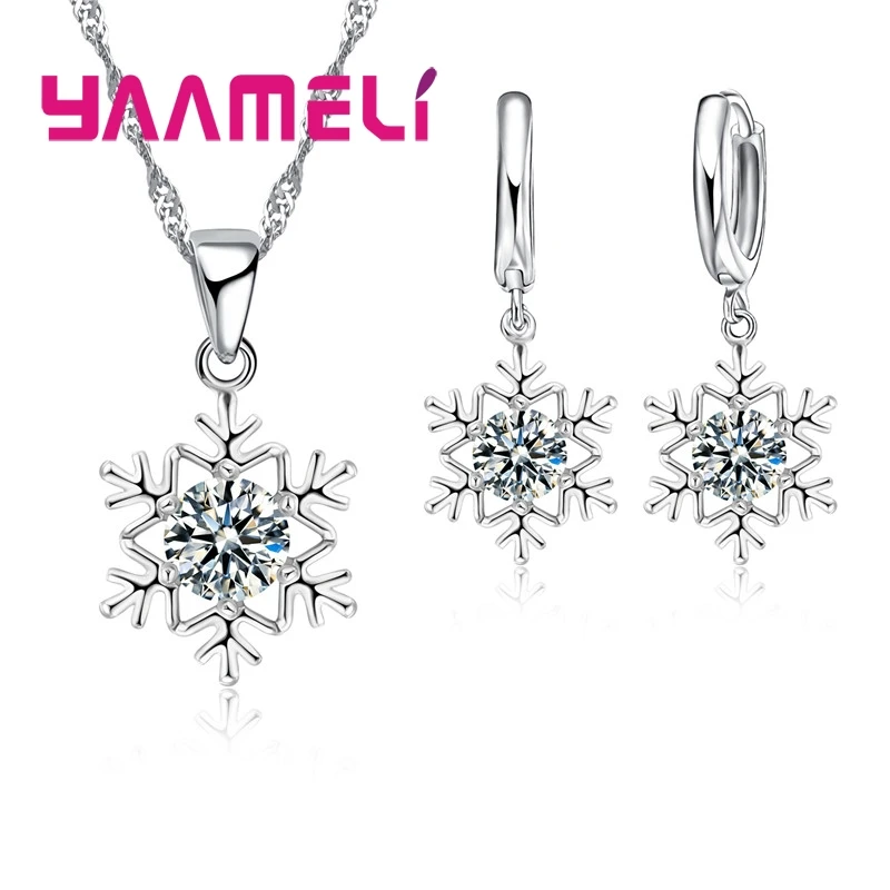 Qualified Snowflake Women 925 Sterling Silver Color Jewelry Set Zircon CZ Crystal Pendant Necklace Earrings Party Gift