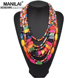 MANILAI Bohemian Multilayer Wood Bead Choker Necklaces For Women Handmade Beaded Statement Necklace Jewelry