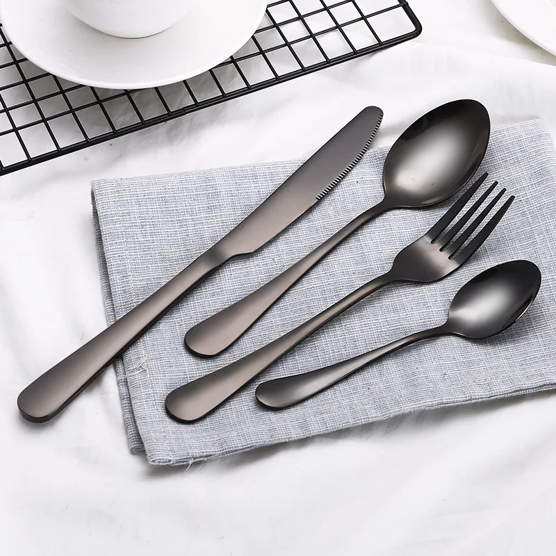 4/8/16/24Pcs Black Stainless Steel  Steak Knife TeaSpoon Fork Dinner Set Dinnerware Cutlery Set Kitchen Tableware