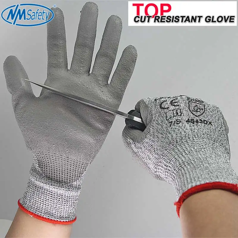 Gants de protection résistants aux coupures en fibre HPPE, niveau 5, doublure trempée dans la paume, gants de travail de sécurité en PU, 4 paires