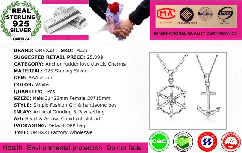 OMHXZJ Wholesale jewelry Anchor rudder AAA zircon 925 sterling silver woman man men pendant Charms PE31 ( NO Chain Necklace )