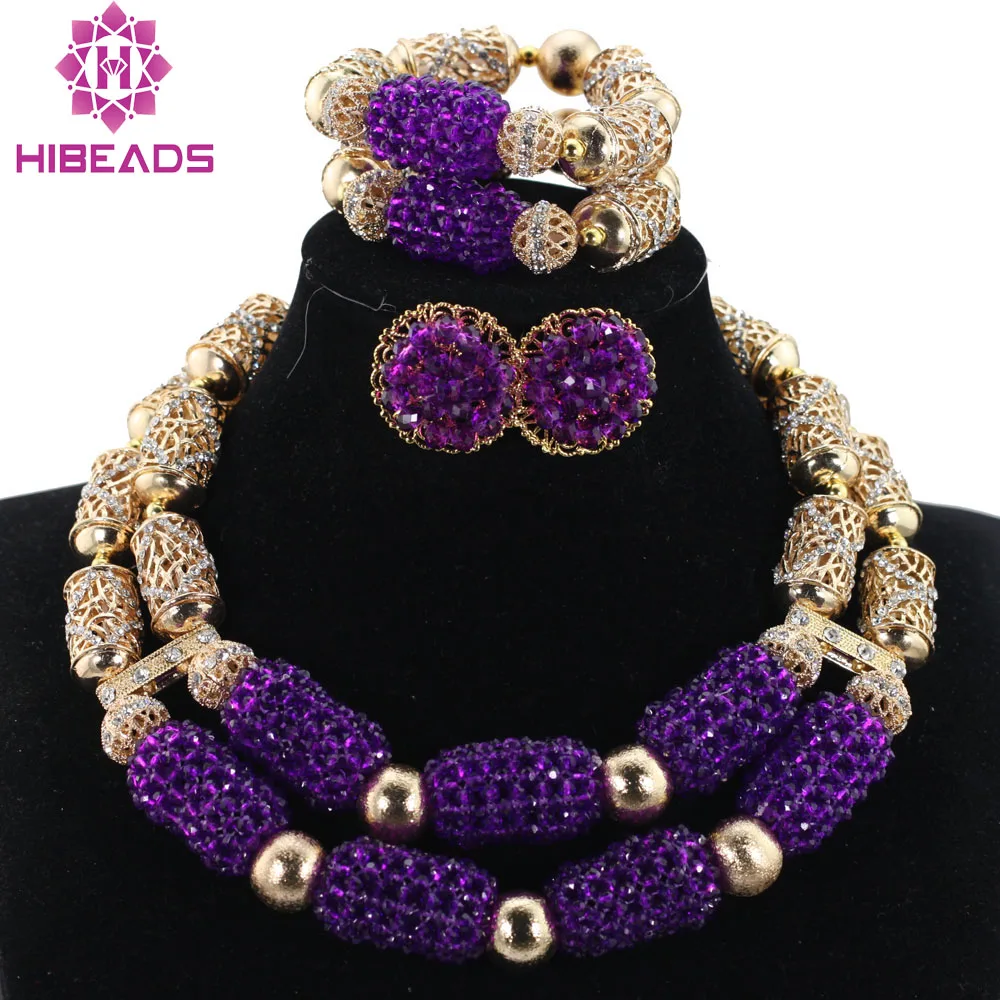 

Stud Earrings Women African Nigerian Jewelry Set 2 Rows Layers Purple Necklace Bracelet Jewelry Set for Wedding Free Ship ABH377