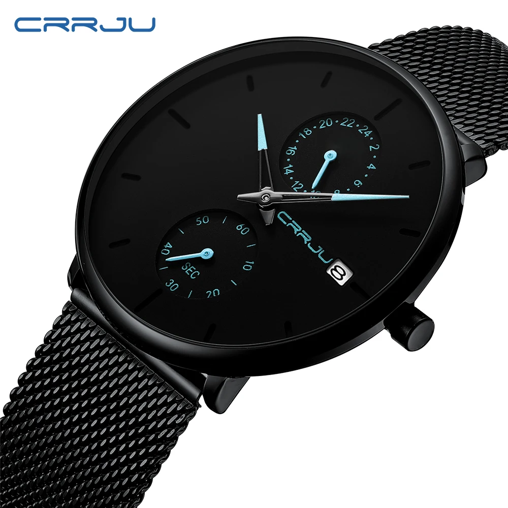 

CRRJU 2019 Fashion Dress Men Watch Business Simple Quartz Watches Mens Black Mesh Waterproof Casual Wristwatch for Man Clock