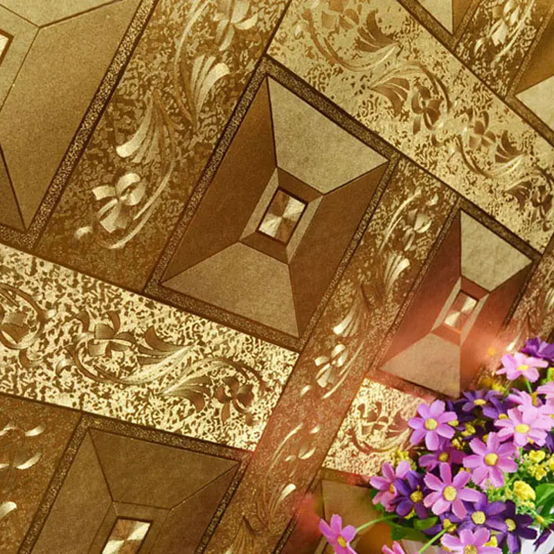 Gold Foil Wallpaper Luxury Classic 3D Stereoscopic Golden Square Lattice KTV Bar Ceiling Wallpaper Wall Covering Papel De Parede