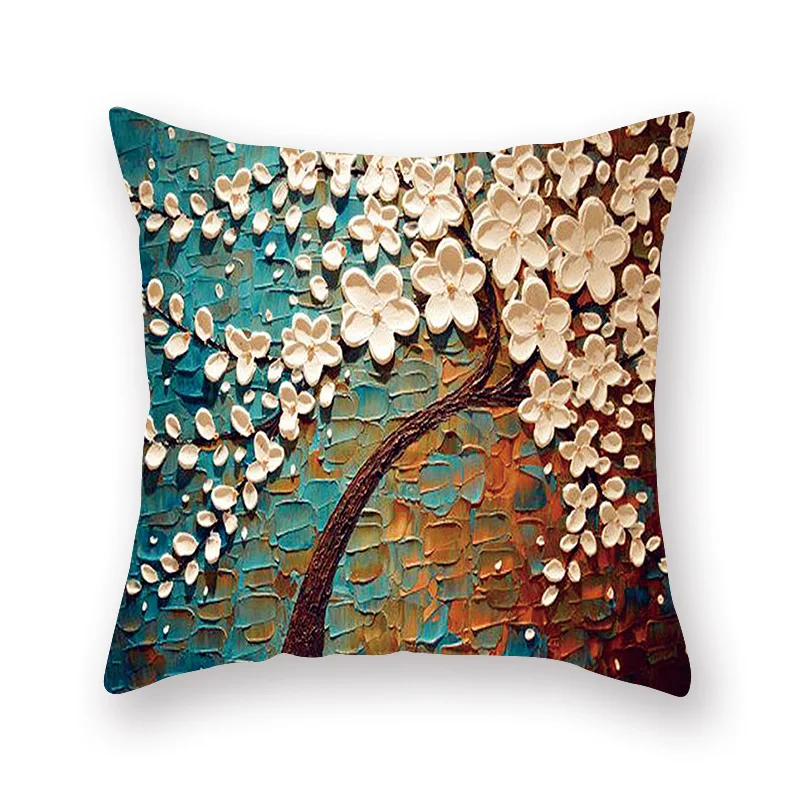 RULDGEE 1PC 3D Oil Painting Trees Flowers Pillow Cover Cherry Blossom Blooming Printing Pillowcase Modern Painted Cushion Cover