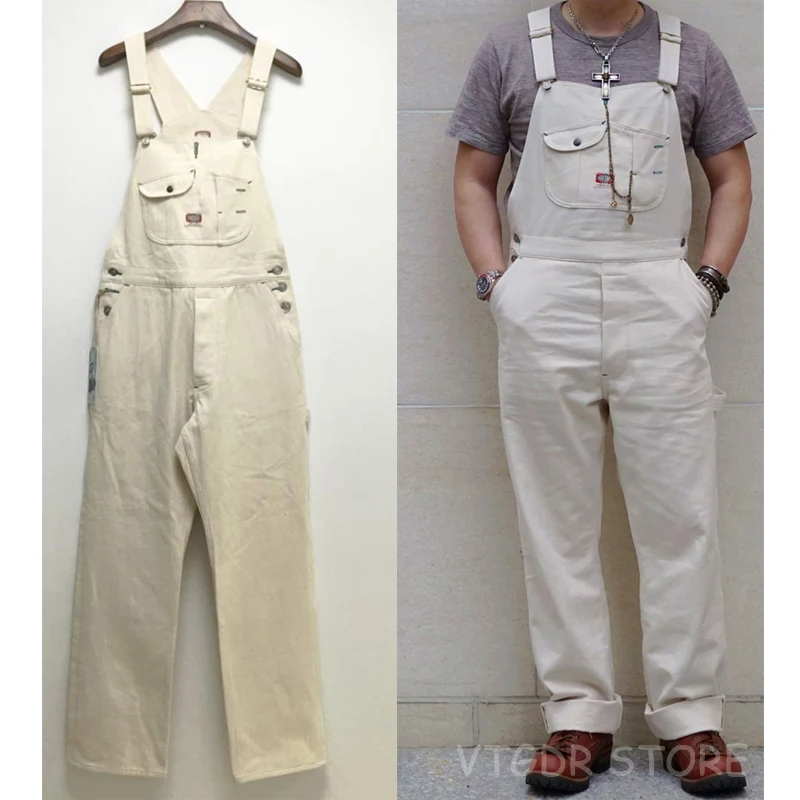 BOB DONG 40s Three-In-One Pocket High Back Vintage Overalls Men's 13oz Denim Jumpsuit White Cottonseed Hulls