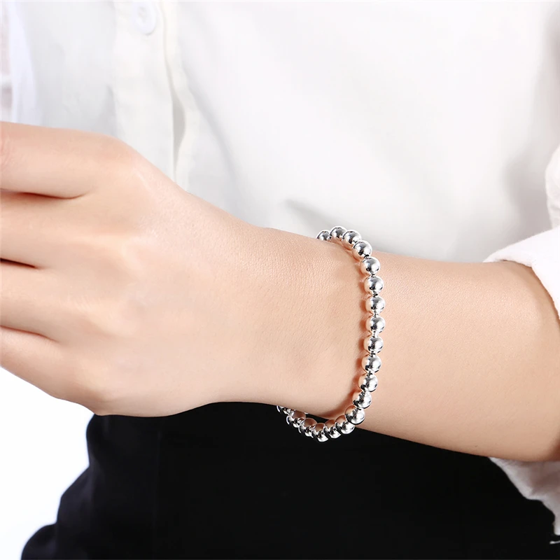 DOTEFFIL 925 Sterling Silver 6mm Ball Bead Chain Bransoletka dla kobiet Urok Biżuteria ślubna zaręczynowa — zdjęcie 4