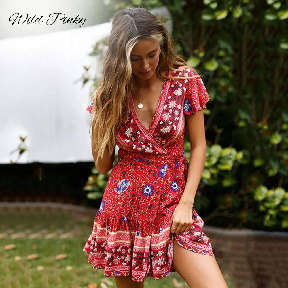 Wildpinky Bohemian Bloemen Mini Vrouwen Zomer Jurk Festa V-hals Ruches Bandage Jurk Vrouwelijke 2022 Elegante Holiday Beach Zonnejurk