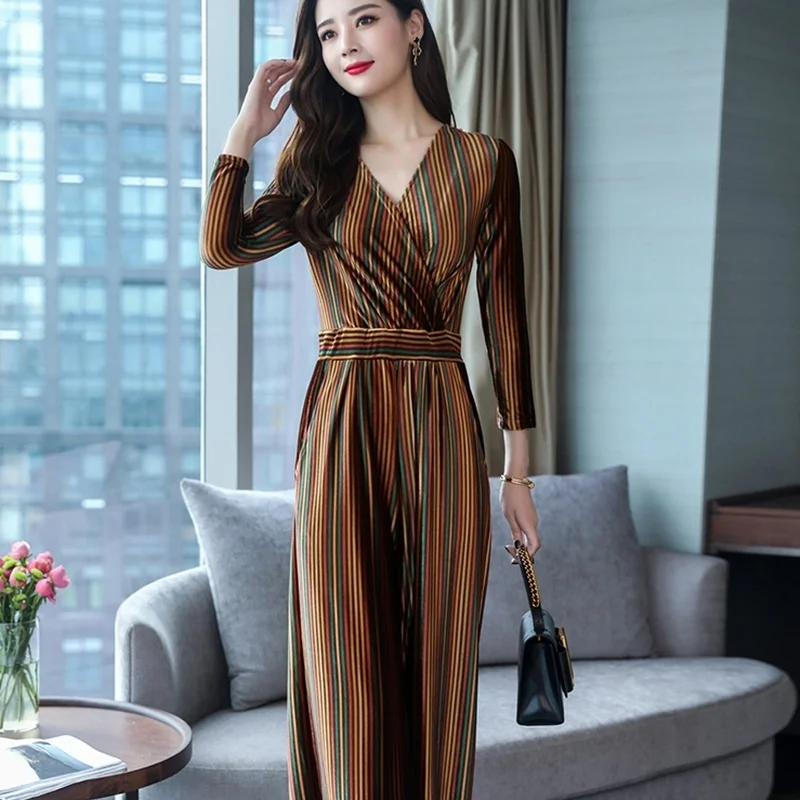 Velour Elegant Jumpsuits For Women 2019 Autumn High Waist Wide Leg Pants Office Lady Work Overalls Slim Simple Jumpsuit DD2018