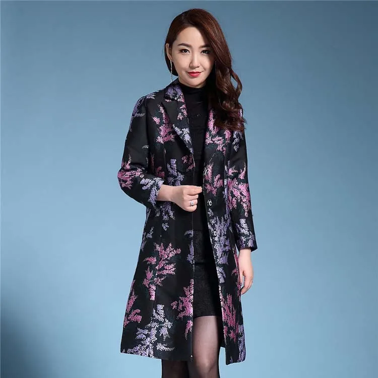 

Plus size S-4XL 2024 Trench coat women TRENCH V-Neck jacquard outerwear dobby women's trenches mother cloth Flower coat trenches