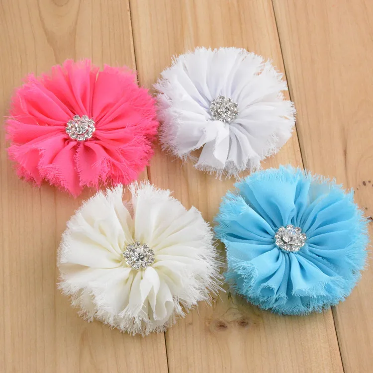 30pcs/lot Vintage Shabby Chiffon Flowers With Rhinestone Centers