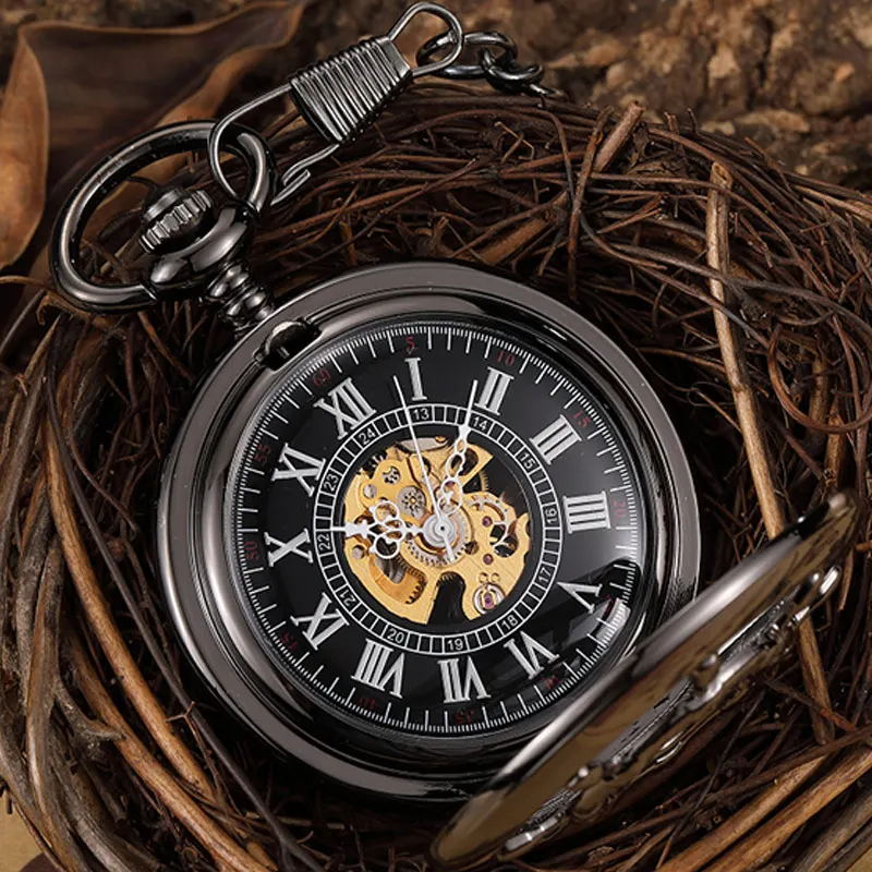 Wheel Double Sided Hollow Hand Wind Mechanical Pocket Watch Men Black Bronze Steampunk Vintage Pendant Fob Watch With Chain