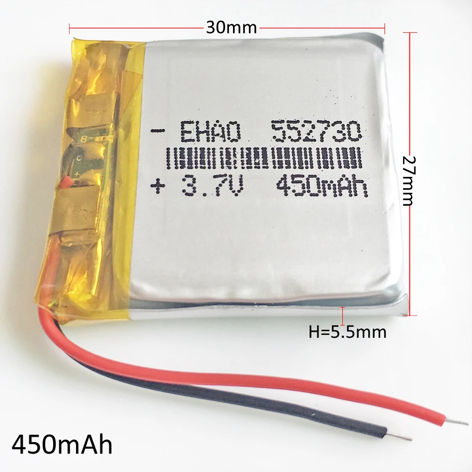 3.7V 450mAh 552730 Lithium Polymer LiPo Rechargeable Battery Li Cells For Mp3 Smart Watch PAD DVD E-book Bluetooth Headset