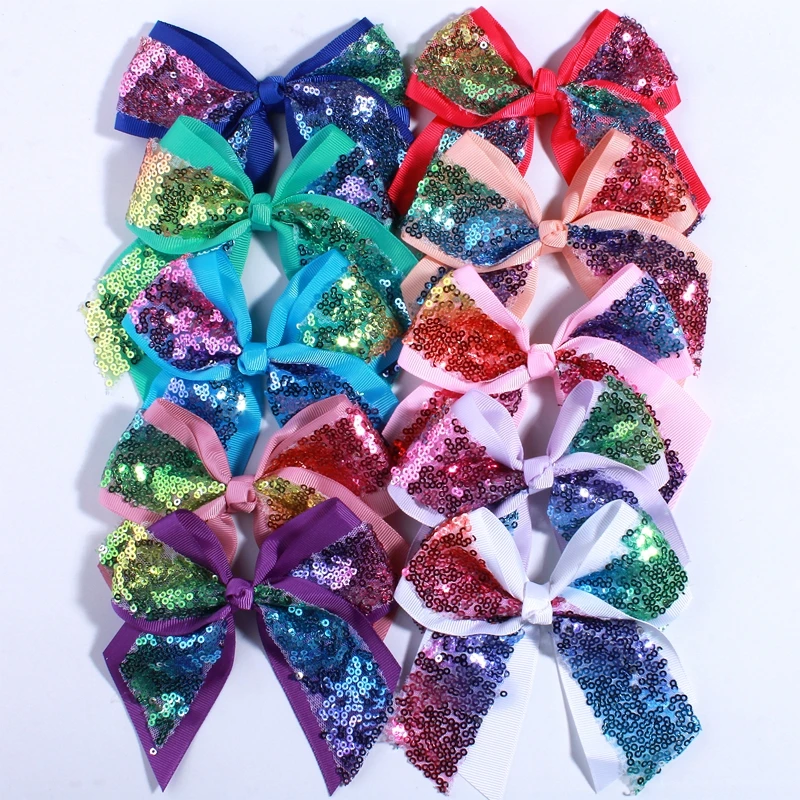 60PCS 12CM Big Bling Sequins Grosgrain Hair Bows For Box Gift Ribbon Hair Bow For Headbands Accessories You Pick Colors