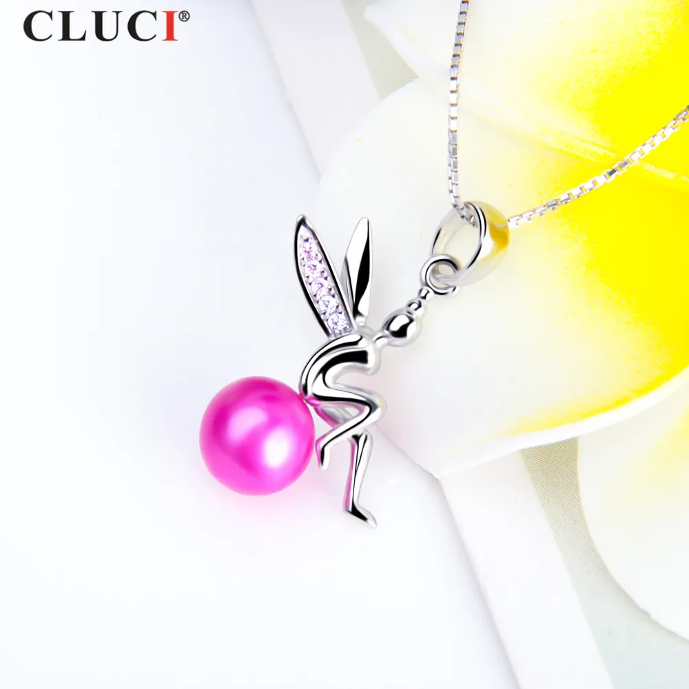 CLUCI  925 Sterling Silver Lovely Fairy Pearl Pendant Pink and White CZ For Girls Necklace Jewelry,can stick 6-7mm pearl SP304SB
