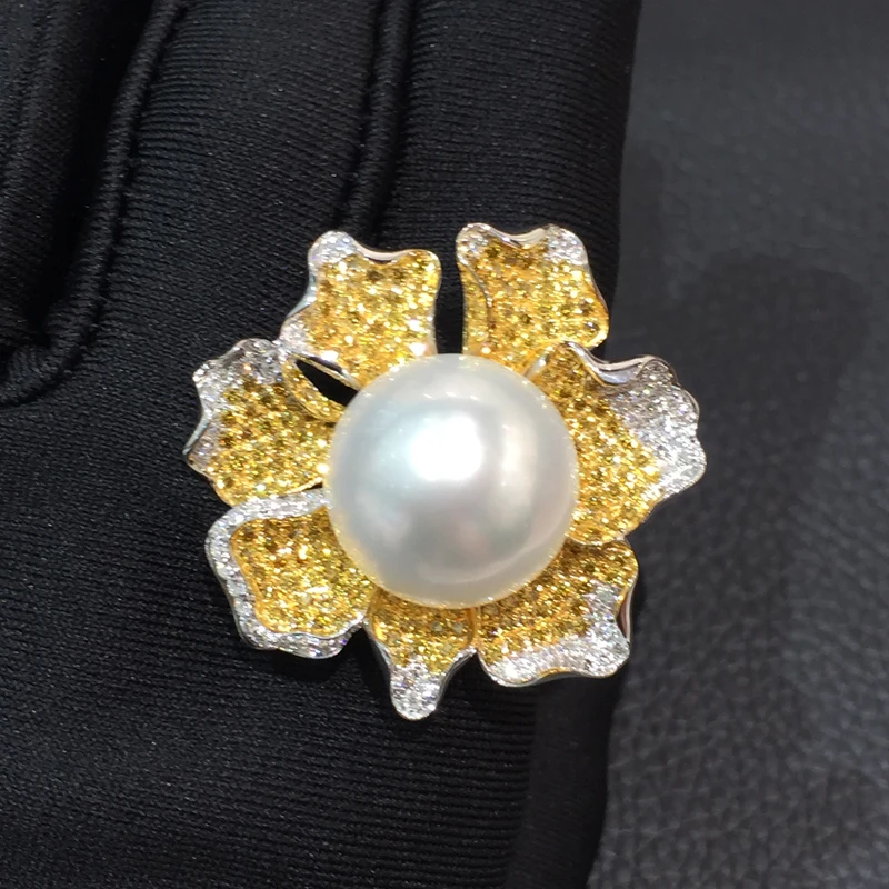 Anel de pérola natural, 18k, 15mm, south sea pérola, ouro com flor de diamante, frete grátis, aceita pedido, qualquer tamanho do anel