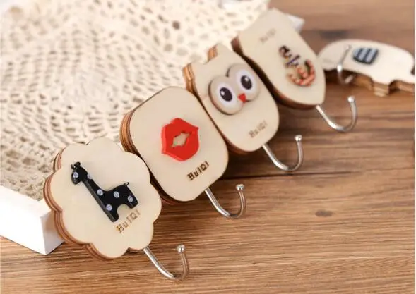 1PC Home Creative Animals Cute Wooden Non Stick Sticky Hook Fashion Cartoon Viscose Stereo Door Rear Hooks ELF 034