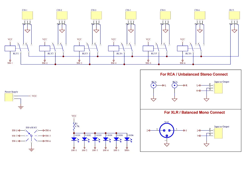 Electronics-Salon 6 Channel Unbalanced Stereo or Balanced Mono Audio Input Selector Relay Module