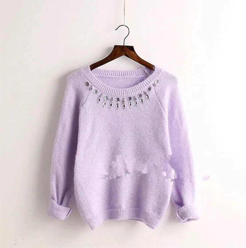 2020 Spring  Autumn Winter Fashion Design Simple Beading O-neck Long Sleeve Knitted Sweaters Women Elegant Casual Pullover SW271