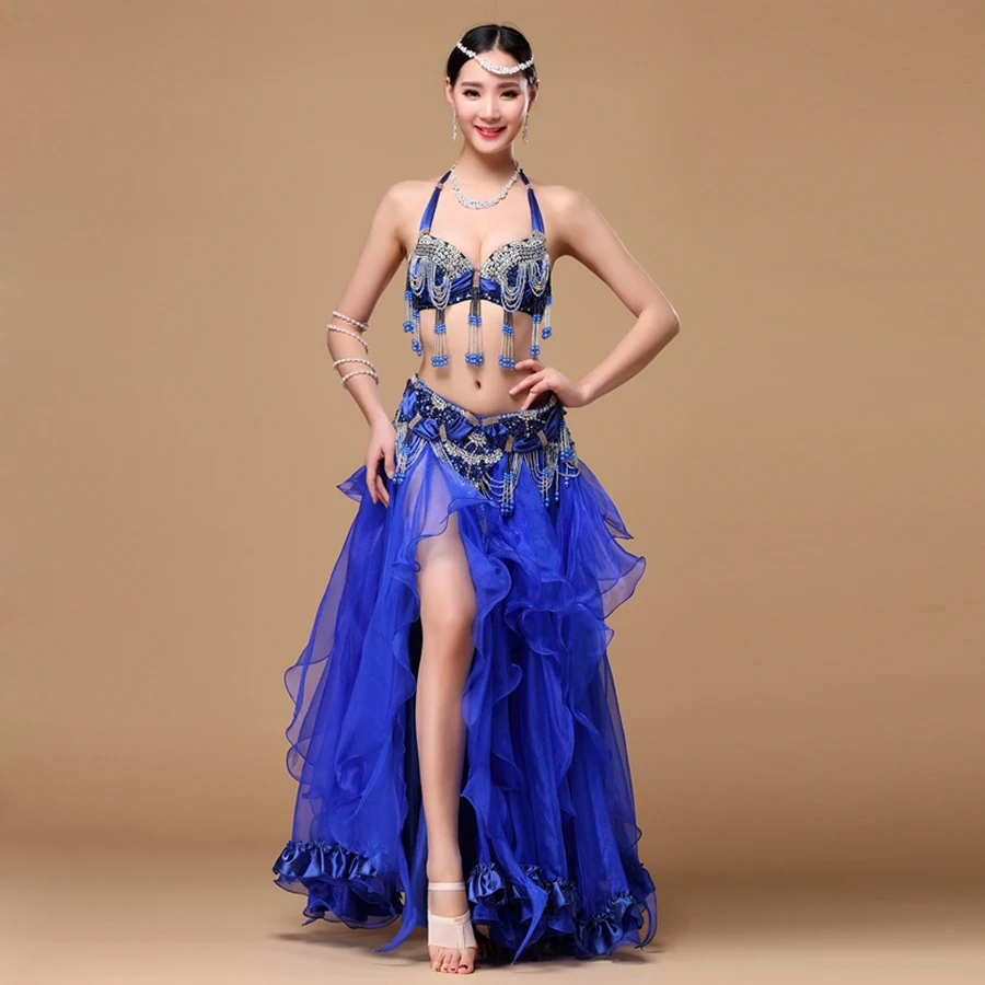 2019 New Women Dancewear Professional 3pcs Outfit  Plus Size Cup C/D Bra Belt Skirt Long Oriental Beaded Belly Dance Costume