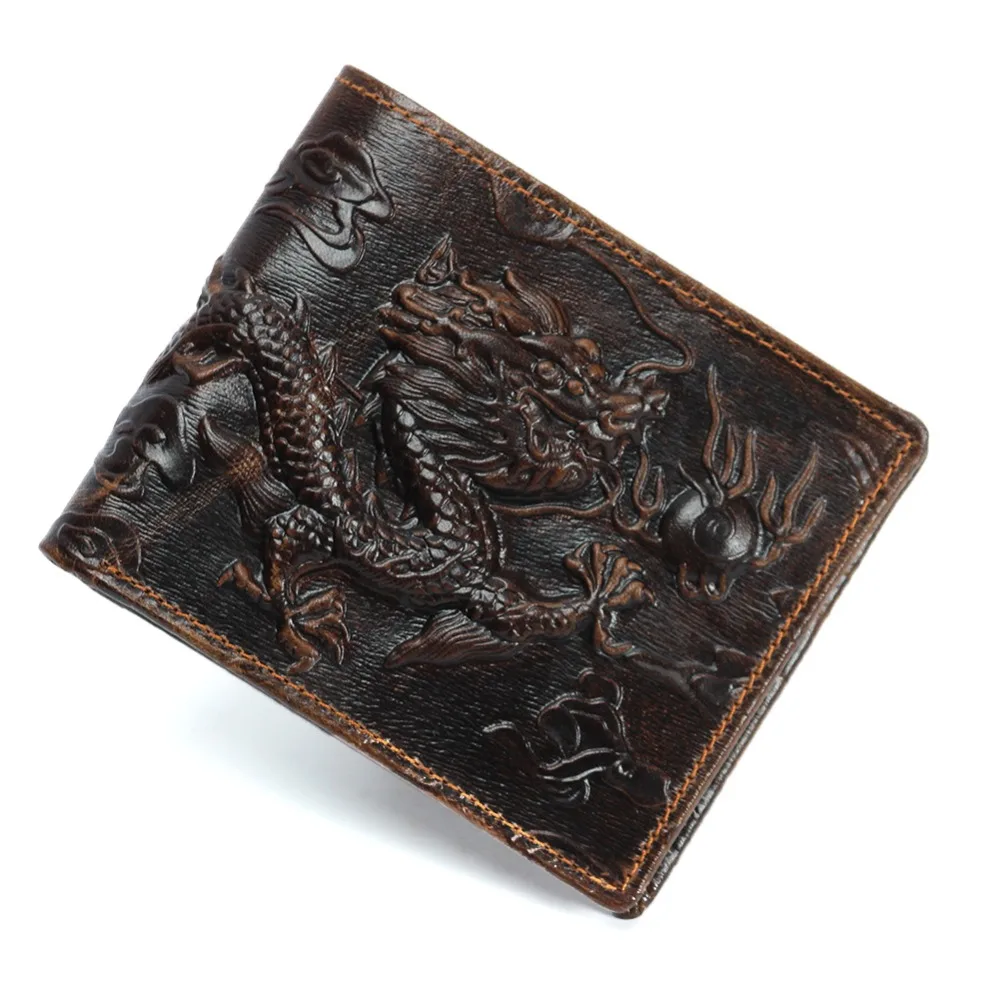 Genuine Leather Men Wallets Long Short Style Dragon Tiger Pattern Small Wallet Card Holder Purse Cross Vertical Male Wallet Gift