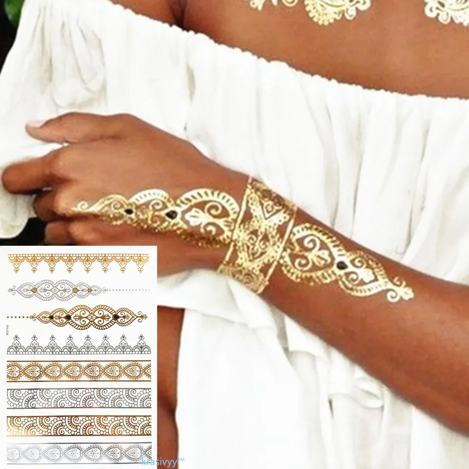 Krasivyy temporary golden tattoos stickers jewelry bracelet tattoos India style flash tattoo paste makeup girl waterproof tattoo