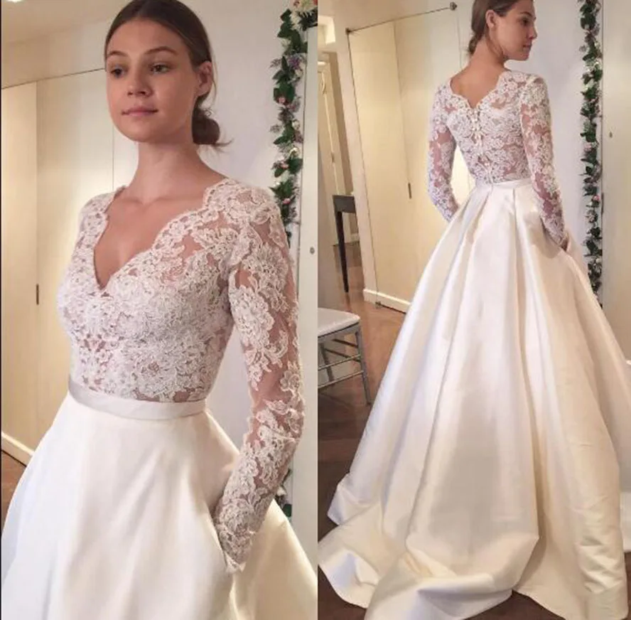 Sexy nowe głębokie V Neck białe kości słoniowej długie rękawy okłady ślubne kurtki Bolero szal koronkowe aplikacje topy rozmiar niestandardowy narzutka ślubna