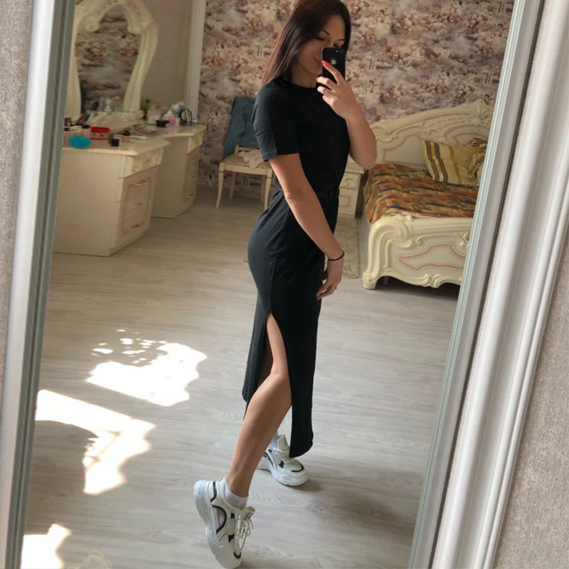 Mùa Hè Phong Cách Hàn Quốc Midi Đầm Nữ Đen Áo Dài Plus Size Nữ Tay Ngắn Gợi Cảm Bên Mở Đảng Đầm Maxi T áo Đầm