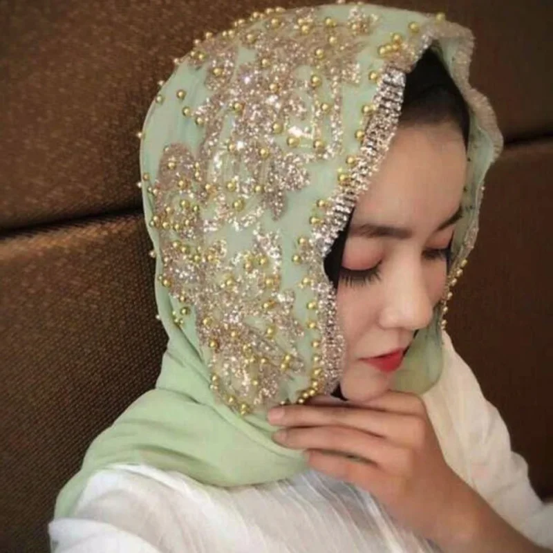 

Muslim Hijab Chiffon Beaded Long Headband Islam Scarf High Quality Woman Fashion Soft Turban Prayer Costume Gift